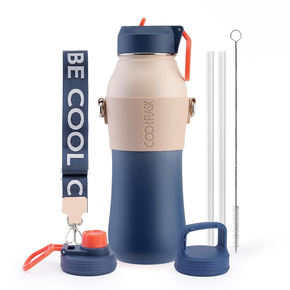 Stainless Steel Water Bottle with Straw and Strap | 32oz