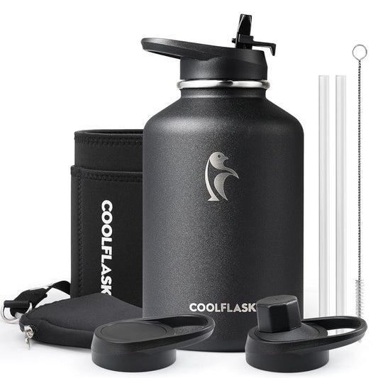 64 oz Insulated Water Bottle with Straw & Sleeve | Black 1000